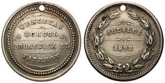 Wesleyan School, Melbourne - Jubilee, 1892, gVF Silver medal 4.64g, 23.5mm, pierced top as issued, obv....