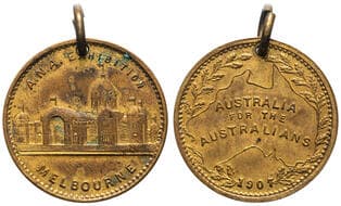 A.N.A. Exhibition, Melbourne, 1907, aUNC Bronze medallion, 22mm diameter, with suspension ring top, toned but very...