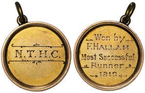 N.T.H.C. (Athletics), 1910, VF 9ct gold fob medal, circular incuse form engraved at centre N.T.H.C., size 24.5mm...