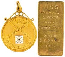 Victorian Rifle Association - Affiliated Unions, 1928, gVF 15ct gold & enamel fob medal, circular with V.R.A.,...