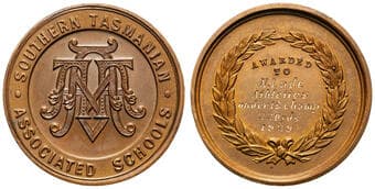 Southern Tasmanian Associated Schools, 1929, gEF Copper medal, 39mm, 31.84g, reverse AWARDED TO, engraved N. LADE,...