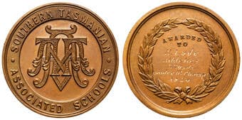 Southern Tasmanian Associated Schools, 1930, gEF Copper medal, 39mm, 27.66g, reverse AWARDED TO, engraved N. LADE,...