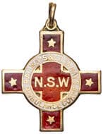 N.S.W. Railways & Tramways Ambulance Corps, 1932, VF 9ct gold & enamel fob medal, cross design with overlapping...