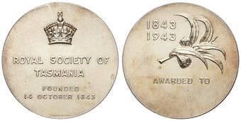 Royal Society of Tasmania Centenary, 1943, aUNC 1843-1943, centenary award medal in silver, (tested at 97%), 63mm...