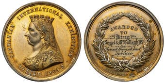Tasmanian International Exhibition, 1894-5, gVF In gilt, size 38mm, 32.0g, by Stokes & Sons, Melbourne, reverse...