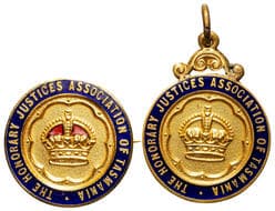 The Honorary Justices Association of Tasmania - JP, C. 1900S, EF Gold plated copper & enamel fob JP medal & JP badge,...