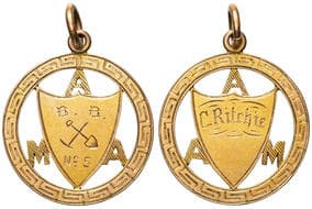 AMA BB No.5 (Miners), VF 16ct gold fob medal, circular form with inset shield and letters and pierced surround,...