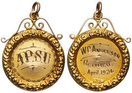 Union Badge, Australian Public Service Union Gold Badge, VF Engraved; W.C.Anderson/ Retired/ April 1924, hallmarked...