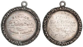 Bendigo, St Andrew Society, Annual Gathering, 1871 In silver (45mm), features plain silver disc with an ornate floral...