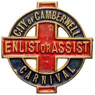 City of Camberwell - Enlist or Assist Carnival, WWI, gF Paint & brass badge, 29.5mm, reverse impressed STOKES & SONS,...