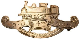 R.U. 4TH A.I.F - Australian Rifles, 4TH Infantry Battalion, WWI, gVF 9ct gold unofficial badge, steam locomotive...