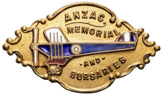 ANZAC Memorial and Bursaries (Bi-Plane), WWI - WWII, EF Enamel & gilt badge, 36.5x21mm, reverse impressed G.A.Miller,...