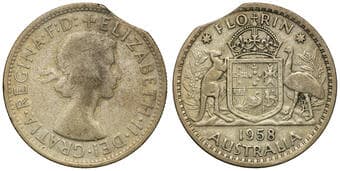 Elizabeth II, Clipped Rim, Florin, 1958, VG Circulated florin with clipped rim top left from reverse, very good. ...