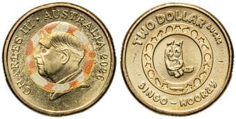 Charles III, RAM - Bingo-Hooray Bullseye, Two Dollars, 2026, aUNC Bingo-Hooray two dollar bucks with bullseye error,...