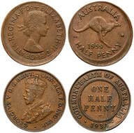 George V - Elizabeth II, Halfpenny, 1933 - 1959, VF Pre-decimal error pair, 1933 halfpenny showing reverse...