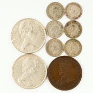Elizabeth II, Fifty Cents, 1966, EF - UNC Round fifty cents (2) and a handful of circulated pre-decimal, threepence;...