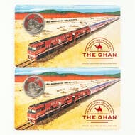 Elizabeth II, RAM - The Ghan, Fifty Cents, 2019, UNC Coloured fifty cents on as issued medium card, (2). Estimate:...