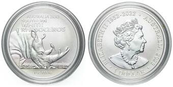 Elizabeth II, RAM - Australian Zoo Series, Southern White Rhinoceros, One Dollar, 2023, UNC 1oz silver, brilliant...
