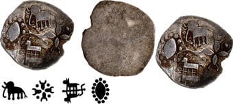 Punch Marked Coin, Vidarbha Janapada (600-300 BC), Pauni Area, Silver ½ Karshapana, Archaic period, ABCD type, Square...