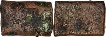 Punch Marked Coin, Anga Janapada (300-200 BC), Copper Karshapana, Rectangular Bar shaped, Archaic period, Obv: five...