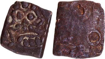 Ujjaini Region (200 BC), Square Copper Fractional Unit, Goddess type, Obv: the goddess (Lakshmi?) seated facing front,...