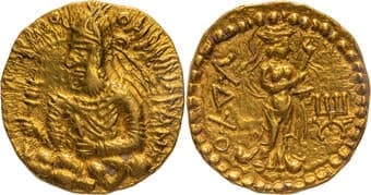 Kushan Dynasty, Huvishka (160-190 AD), Gold Dinar, "NANA/NAXO" type, Subsidiary Mint in Gandhara (Peshawar?), Early...