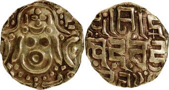 Gahadavalas of Kanauj and Kasi (Varanasi), Govinda Chandra (11 Century AD), Debase Gold 4 ½ Masha, Obv: the goddess...
