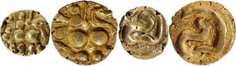 Hoysala Dynasty (10-13 Century AD), Gold ¼ Fanam Fanam, Set of 2 Coins, Obv: a lion standing facing left, Rev:...