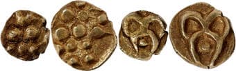 Chalukyas of Kalyana (10 Century AD), Gold ¼ Fanam Fanam, Set of 2 Coins, Obv: a lion standing facing right with...