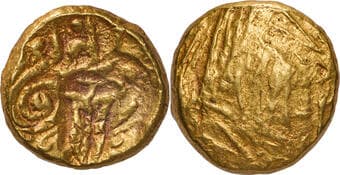 Telugu Chodas of Nellore, Bhujabala (13 Century AD), Punch Marked Gold Pagoda, Obv: four punches consisting of Nagari...