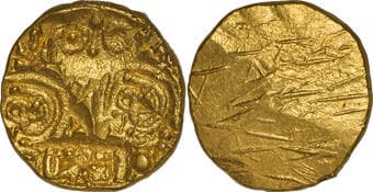 Telugu Chodas of Nellore, Bhujabala (13 Century AD), Punch Marked Gold Pagoda, Obv: four punch marks consisting of a...