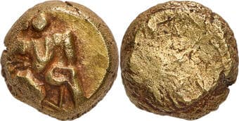 Nidugal Cholas, Irungola II (12 Century AD), Pre-Vijayanagar period, Gold Varaha, Garuda type, Obv: Garuda with a...
