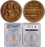 Vijayanagar Empire, Sangama Dynasty, Devaraya I (1406-1422 AD), Gold Varaha, Shiva-Parvati type, Obv: the god Shiva...