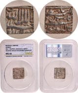 Akbar (AH 963-1014 /1556-1605 AD), Bangala Mint, Silver Square Rupee, Kalima type, "Kaab-e-Roushan" Couplet, Obv:...