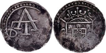 Indo-Portuguese, Goa Ceylon Issue, Joao IV (1640–1656 AD), Silver 2 Tangas, 1xxx AD, Obv: the crowned monogram of...