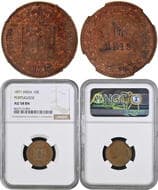 Indo-Portuguese, Colonial Coinage, Luis I (1861-1889 AD), Copper 10 Reis, 1871 AD, Obv: a crowned coat-of-arms with...