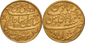 Bengal Presidency, Murshidabad Mint, Gold ½ Mohur, AH 1202 /19 RY, "Saya-e-fazle elah" Couplet, Edge: Oblique Milling,...