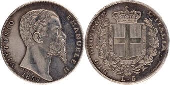 Italy, King Victor Emmanuel II, Silver 5 Lire, 1859, Obv: head of the king facing right, the date below, lettering...