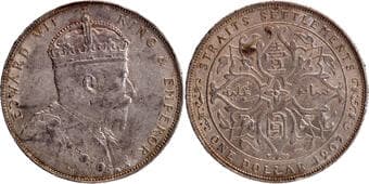 Strait Settlement, King Edward VII, Silver 1 Dollar, 1907, Obv: crowned bust of the king, facing right, lettering...