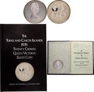 Turks and Caicos Islands, Elizabeth II, Victoria 20 Crowns Silver Coin, Proof Set with Booklet, 1976, Struck at Royal...