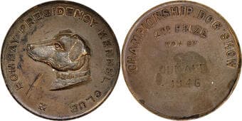 Bombay Presidency, Kennel Club - Championship Dog Show, Copper Medal, 1946, Obv: a dog face in the center, lettering...