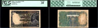 British India, 1937, King George V, 10 Rupees, Signed by J.W. Kelly, Burma Overprint, "LEGAL TENDER IN BURMA ONLY" in...