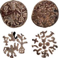 Satavahana Dynasty, Sri Satakarni (100-50 BC), Lead Unit, Heavy weight, Obv: a Bull walking to the right, a railed tree...