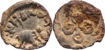 Satavahana Dynasty, Vasisthiputra Sri Satakarni (125-152 AD), Lead Unit, Obv: an elephant walking to the right with an...
