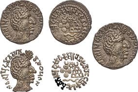 Satavahana Dynasty, Vasisthiputra Siva Sri Pulumavi (152-160 AD), Silver Dramma, Portrait type, Obv: bust of the king...