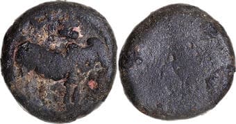Pallavas of Kanchi (300-500 AD), Lead Unit, Bull type. Obv: an upright bull facing right, a conch-shell (Shankha) and a...