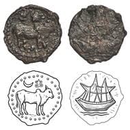 Pallavas of Kanchi (300-500 AD), Copper Alloy Unit, Ship type, Obv: an upright bull facing right, a Srivatsa and a...