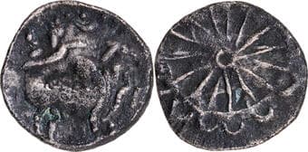 Pallavas of Kanchi (300-500 AD), Silver Alloy Unit, Chakra type, Obv: an upright bull facing right, snake, Srivatsa,...