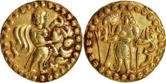 Post Guptas, Samatata Region (550-700 AD), Anonymous Issue, Gold Dinar, Obv: stylized representation of 'archer' type...