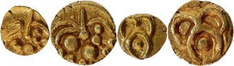 Chalukyas of Kalyana (10 Century AD), Gold ¼ Fanam Fanam, Set of 2 Coins, Obv: a lion standing facing right with...